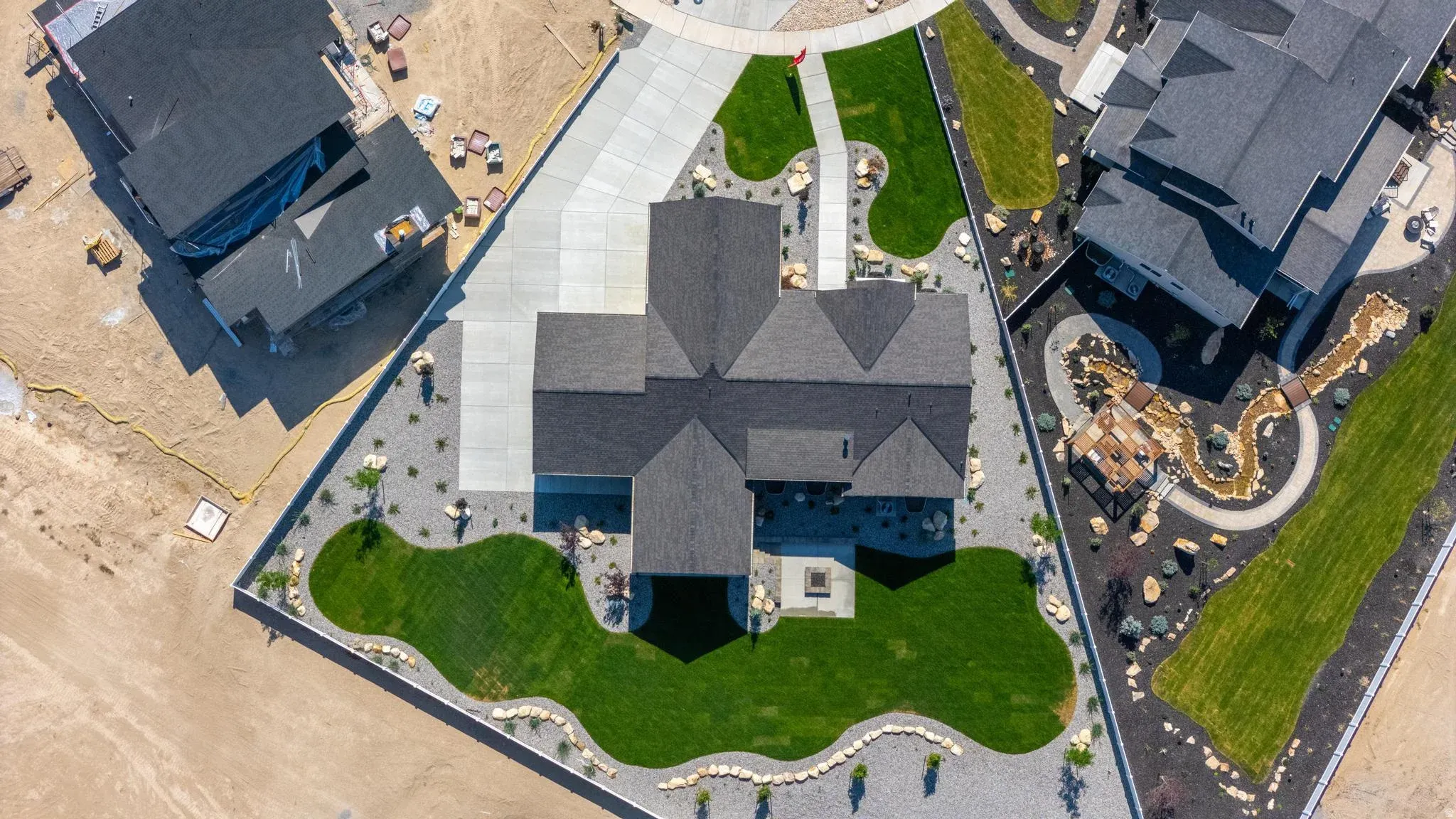 An aerial view of an Eagle Point Homes example and the surrounding neighborhood